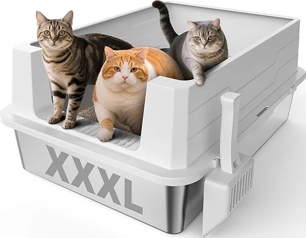 Stainless Steel Litter Box Extra Large for Big Cats Multi-Cats, Jumbo Extra Large Metal Cat Litter Box with High Sided Lid, Anti-Urine Leakage, Non-Stick,Include Litter Scoop