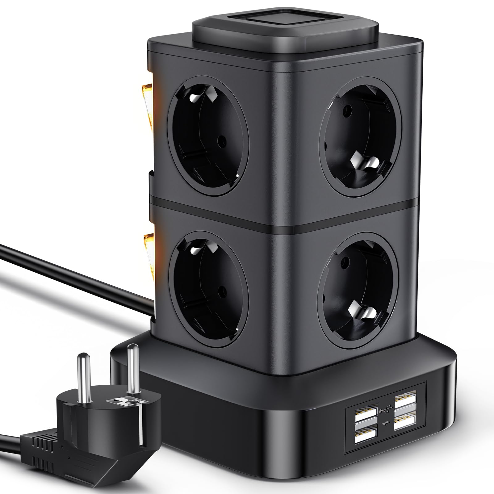 AOKBON Torre Regletas Enchufes 8 Tomas de AC y 4 Regleta USB Enchufe Multiple 2500W/10A Regletas Vertical 3 Metro Regleta Enchufes Proteccion Sobretension con Interruptor para Casa,Mesa, Oficina