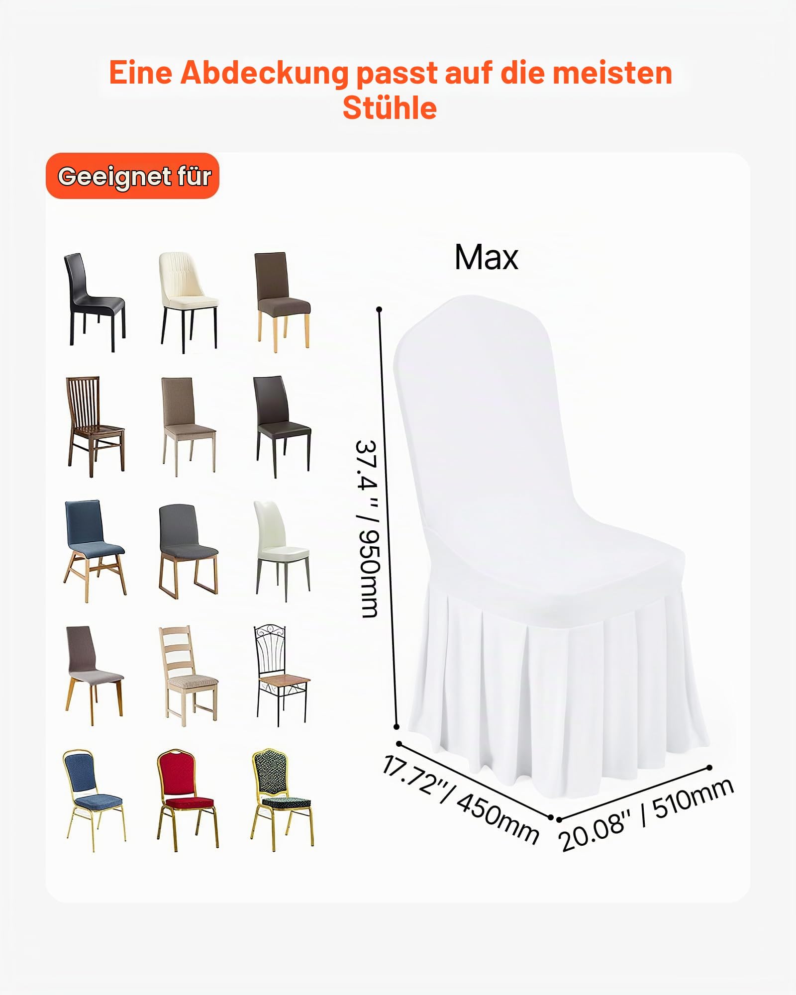 VEVOR Stuhlhussen Stuhlbezug mit Flacher Vorderseite 30 STK. waschbarer Stuhlüberzug aus Polyester-Spandex für Hochzeitsfeiern Esszimmerbankette, passend für Stühle (51 x 45 x 95 cm) Weiß
