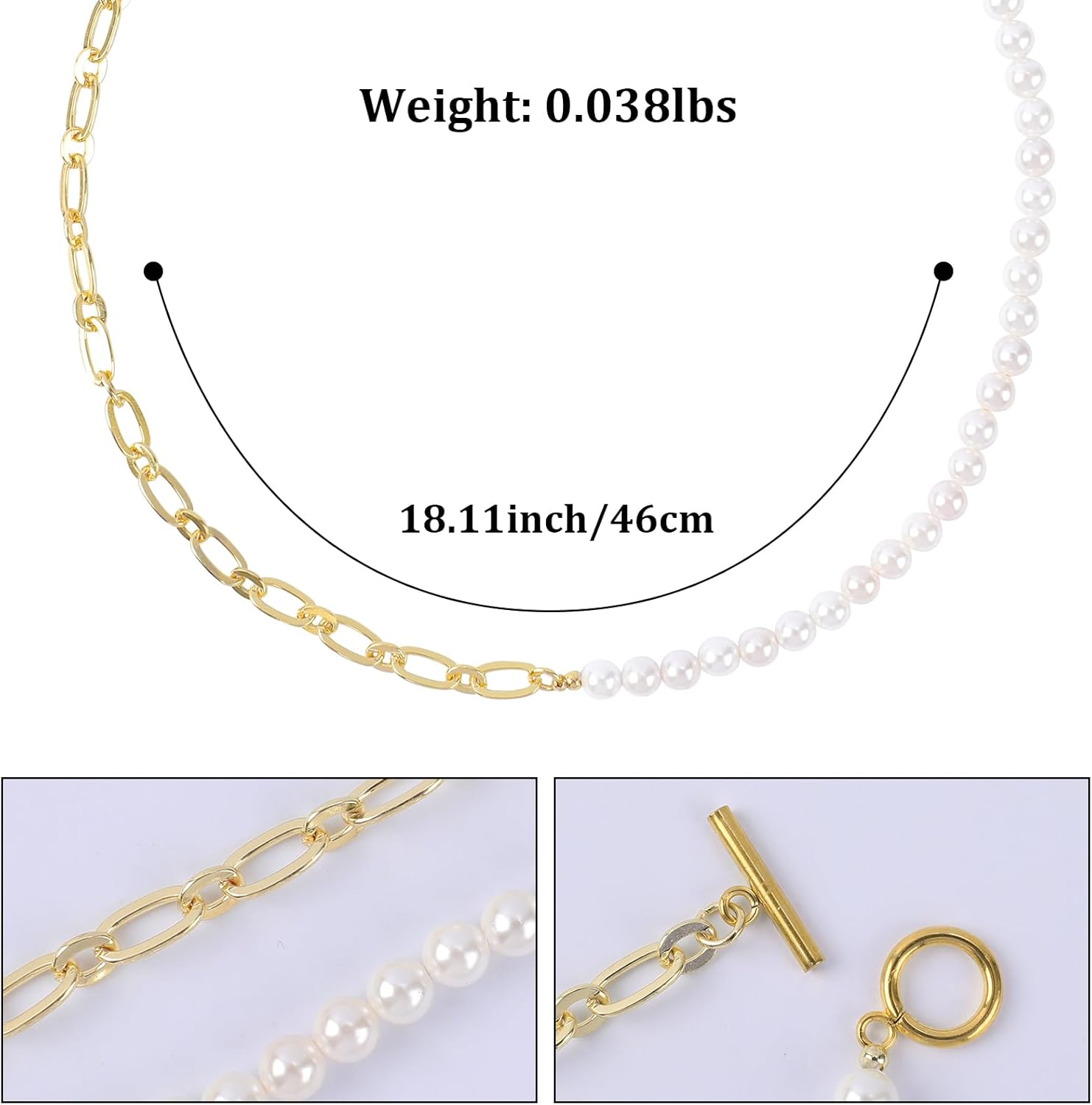 Gold Initial Pearl Necklace for Women, Paper Clip Gold Plated Half Link Chain Necklaces Choker Chunky Necklace Dainty Pearl Chain OT Necklace Valentine's Day Birthday Gifts for Her - Image 5