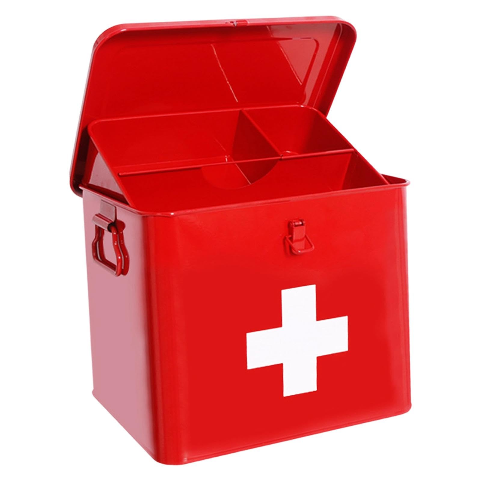 Erste Hilfe Aufbewahrungsbox Notfallkasten Metall Hausapotheke mit Herausnehmbarem Tablett Praktischem Tragegriff Und Sicherem Verschluss für Familie, Rot