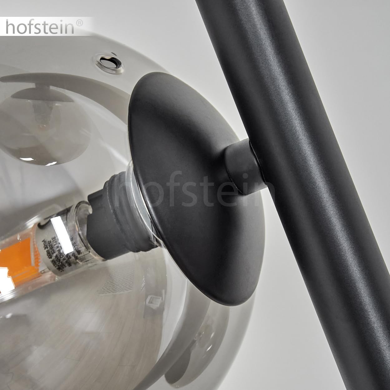 Stehleuchte Remaisnil, moderne Stehlampe aus Metall/Glas in Schwarz/Rauchglas, Standleuchte mit Schirmen aus Glas (Ø 12 cm), mit Fußschalter am Kabel, 3 x G9, ohne Leuchtmittel