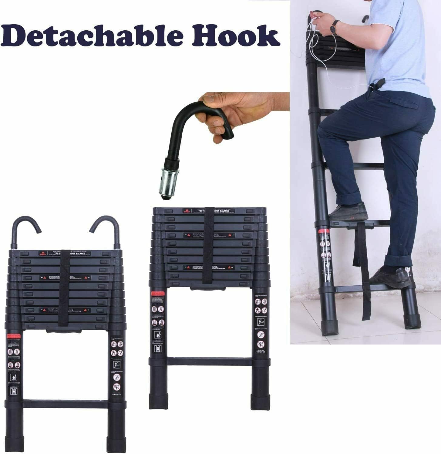 Teleskopleiter aus Aluminium, 3,5 m, Teleskopleiter mit 2 abnehmbaren Haken, 3,2 m Verlängerungsleiter, Mehrzweckleiter, schwarz, vollständig ausgezogen 320 cm, 150 kg Kapazität