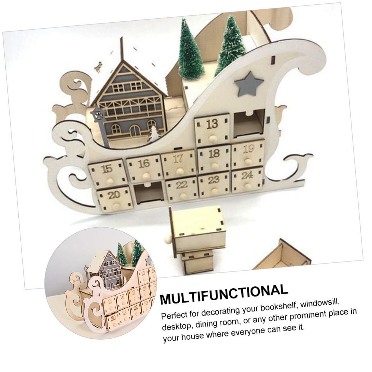 GALPADA Holz Adventskalender Weihnachtsdeko mit Stabilem Schlitten design Tage Countdown DIY Bemalbar Langlebige Tischdekoration für Wohnzimmer und Esstisch Festliche Holzkunst