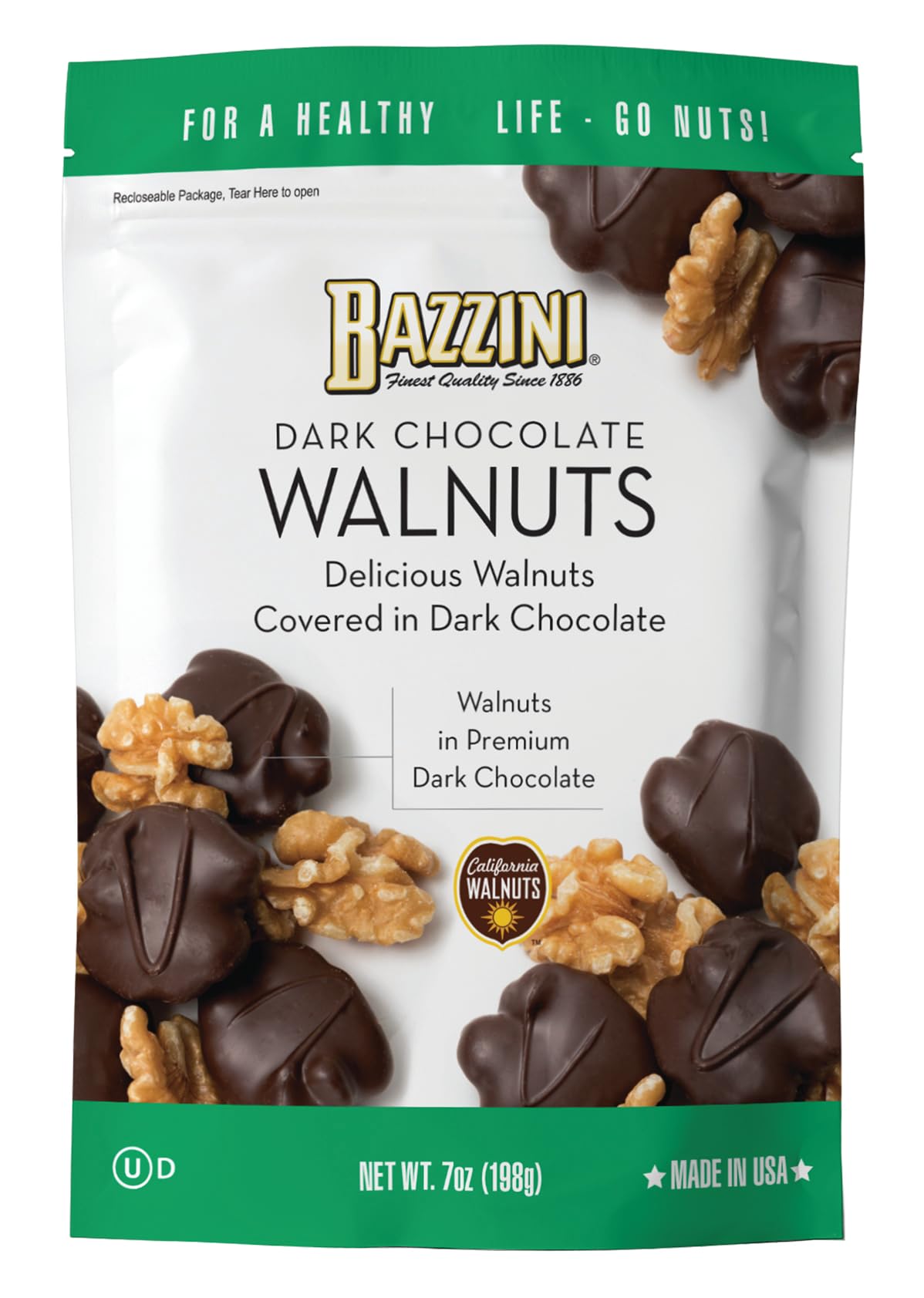 Bazzini Dark Chocolate Walnuts, Gourmet Walnuts Coated in Rich Dark Chocolate, Kosher, Since 1886 Gourmet Nut Snack, Made in USA (7oz Pouch)