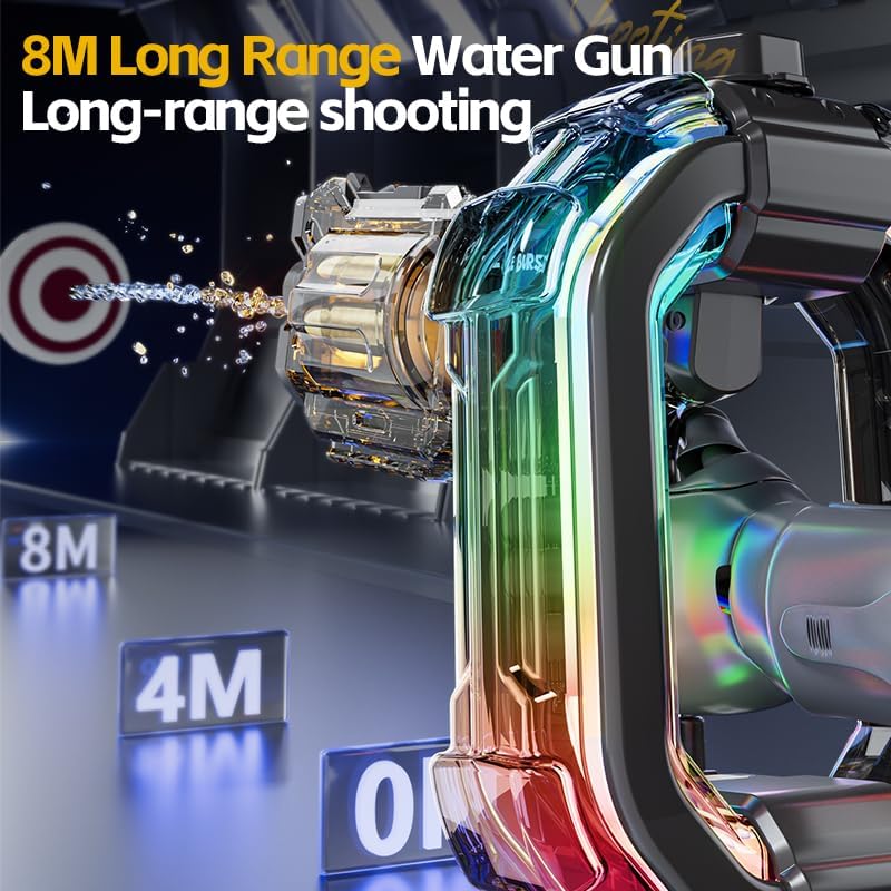 Revolver Electric Water Gun, LED Light Up Automatic Water Blaster with Rotating Cylinder, 8M Long Range, Large Capacity Ring Tank, Summer Pool Beach Party Toy for Kids Adults (Black)
