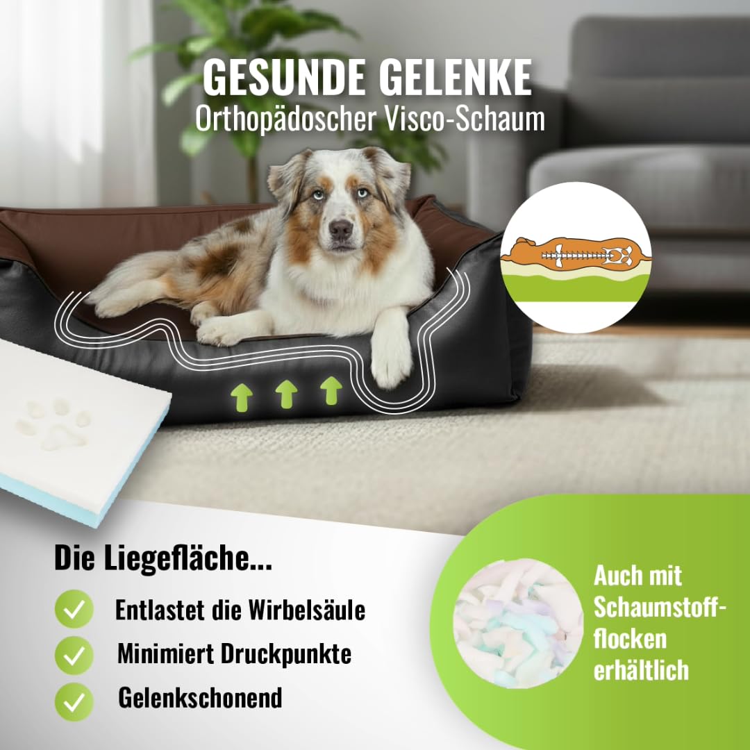 CopcoPet Hundebett Kunstleder Grosse Hunde – Waschbares Hundekissen 【Wendebett】 Hundebett Leder - Formstabiles Hundesofa - Hundekörbchen mit erhöhten Rand, Dog Bed Schwarz/Braun 110 x 90 cm