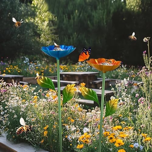 Bee Watering Station,2 Pack Butterfly Drinking Station with Flower Design for Garden,Colorful Metal Flying Insects Feeder Baths for Garden Yard Decor (Blue,Yellow)