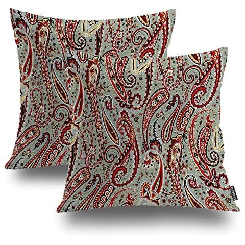 Shrahala Indian Paisley Decorative Throw Pillow Cover Pack of 2, Retro Red Vintage Paisley Pattern Cushion Covers Pillowcases for Living Room Sofa Bedroom(18x18 in) Cover