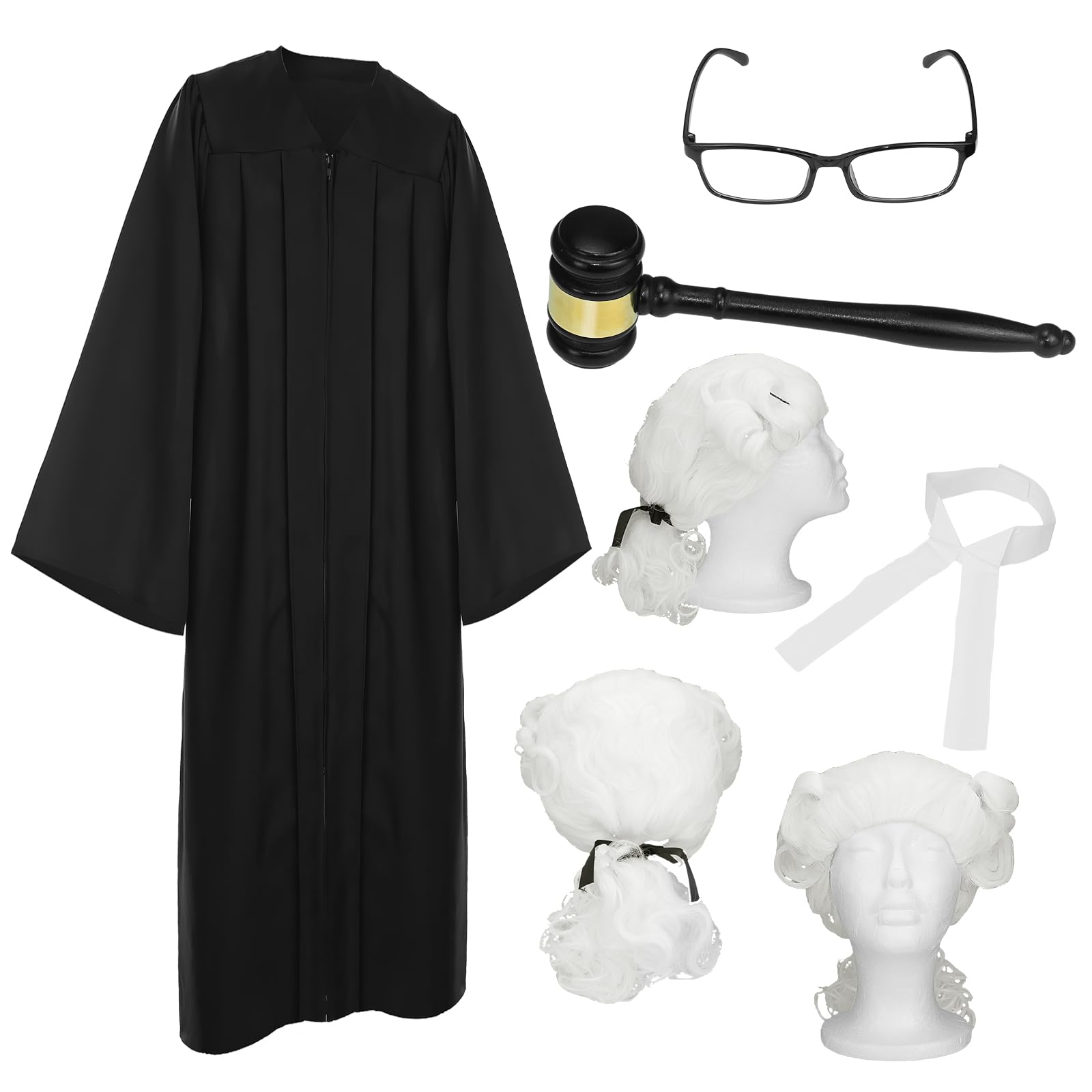 Costume de Juge Adulte 5 Pièces, Déguisement Juge avec Robe Noire, Perruque Blanche, Lunettes à Monture Noire, Nœud Papillon et Marteau en Bois, Kit Cosplay pour Halloween, Carnaval et Théâtre