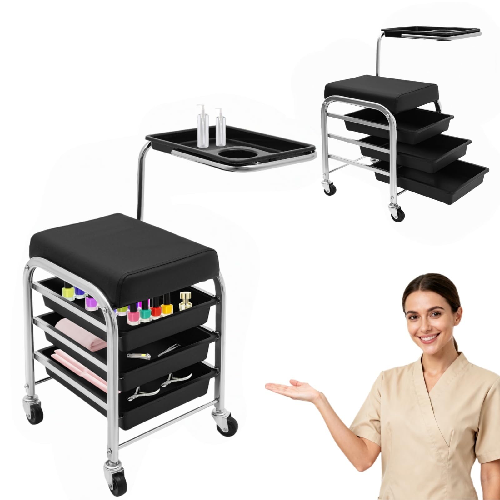 Carrello per manicure con ruote, carrello da salone 53 – 77 cm, altezza regolabile con ripiani a 3 livelli, carrello per manicure per la cura della bellezza con capacità di carico di 100 kg, 31