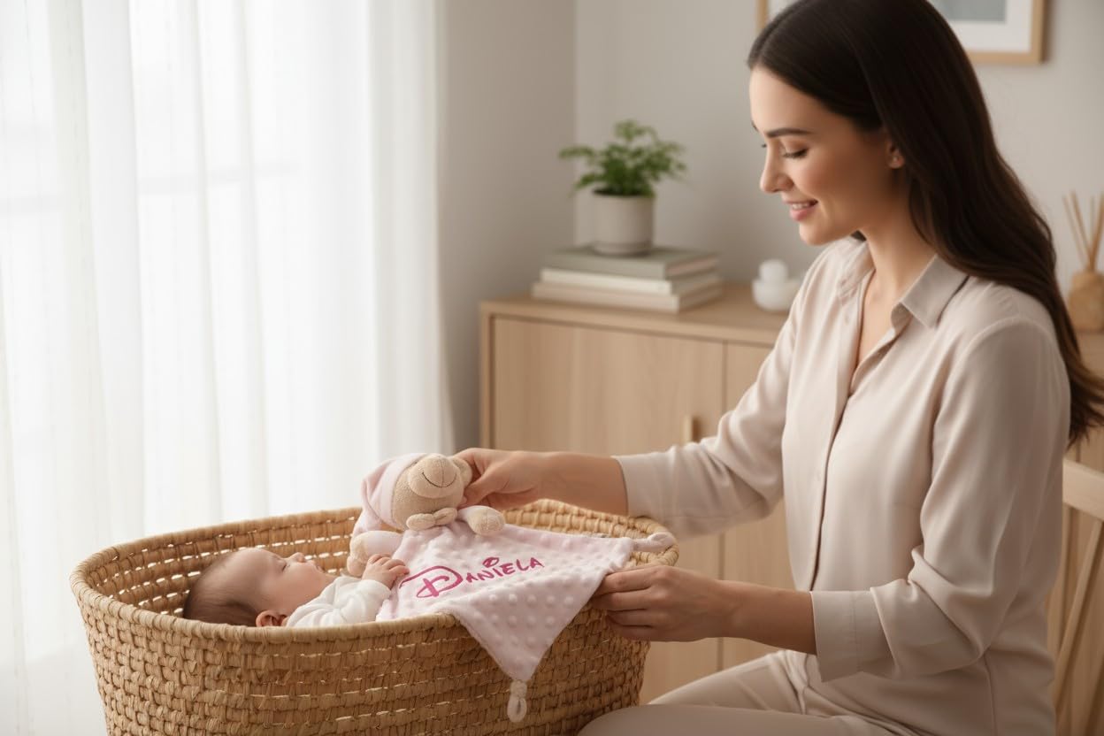 Danielstore | Dou Dou Manta de Apego Bebé 28x17 cm Rosa | Poliéster, Tacto Suave, Agradable para la Piel | Personalizable con Nombre | para recién Nacido, Baby Shower