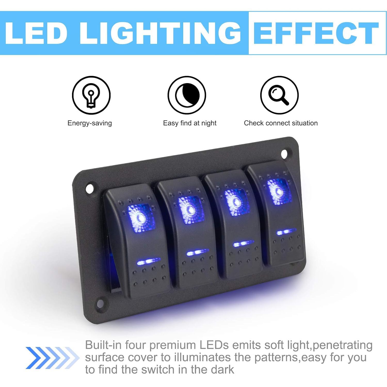 Greluma 4-banda pannello interruttori a bilanciere ON/OFF precablato retroilluminato blu per auto barca camper