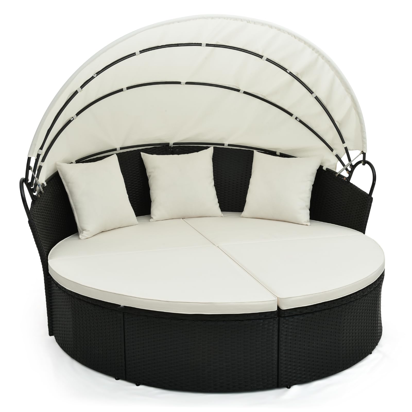 COSTWAY Tumbona Isla de Ratán Jardin, Toldo Plegable, Isla de Ratán con Cojines y Almohadas, Protección UV, Cama Isla Exterior (Blanco)