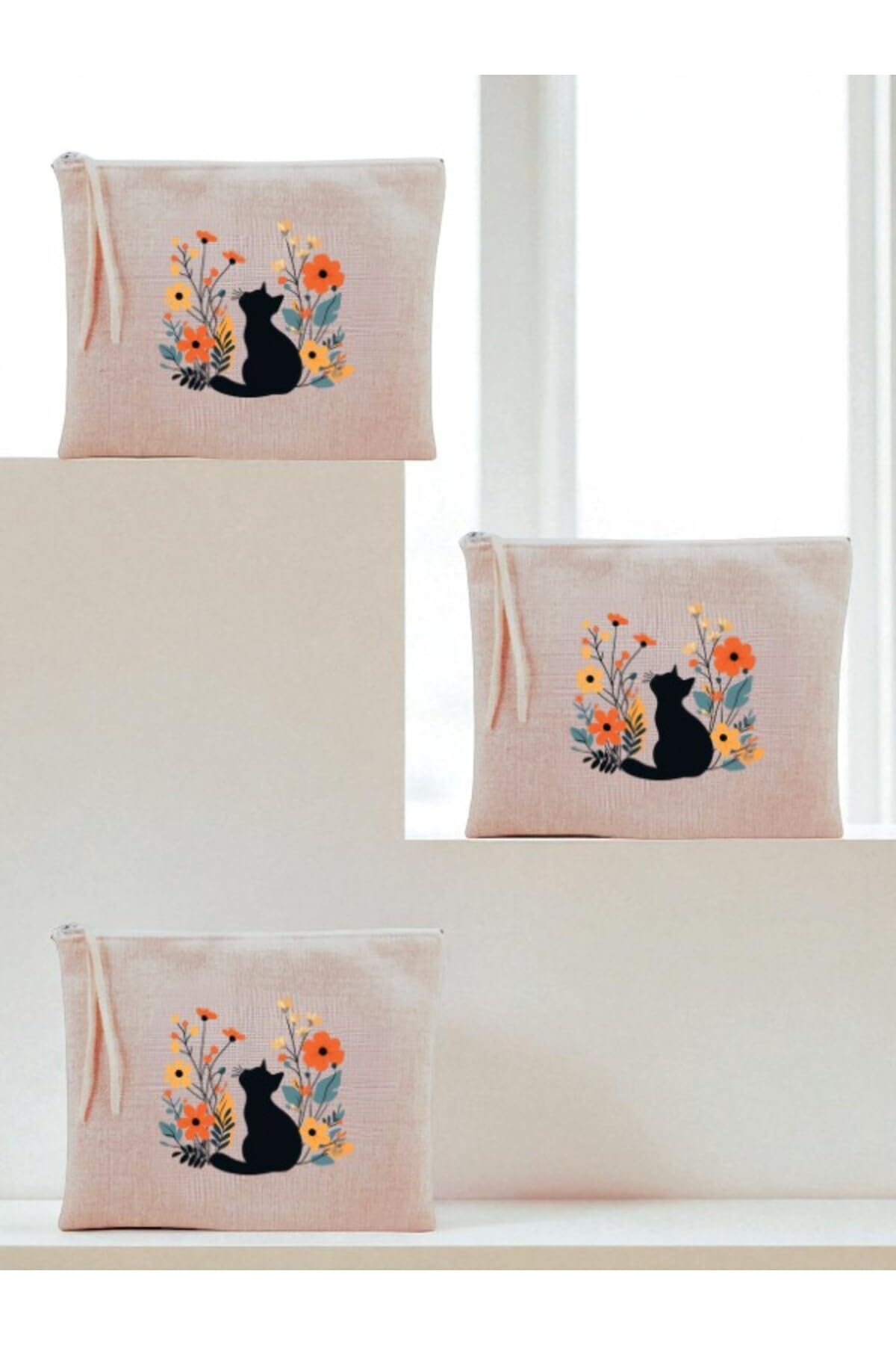 lili hediyelik Çiçek Ve Kedi Teması Baskılı 3'lü Makyaj Çantası 20x25 Cm, LH9827409235231312