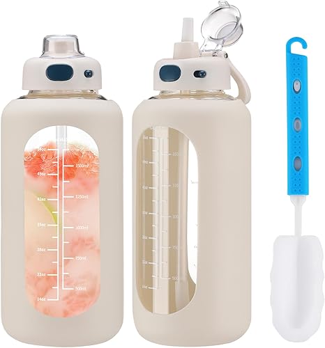 Miniatura 1 de SIEROZUR 64 oz Glass Water Bottle with Straw Half Gallon Motivational Water Bottle with Silicone Sleeve and Time Marker Big Glass Water Jug for Gym,