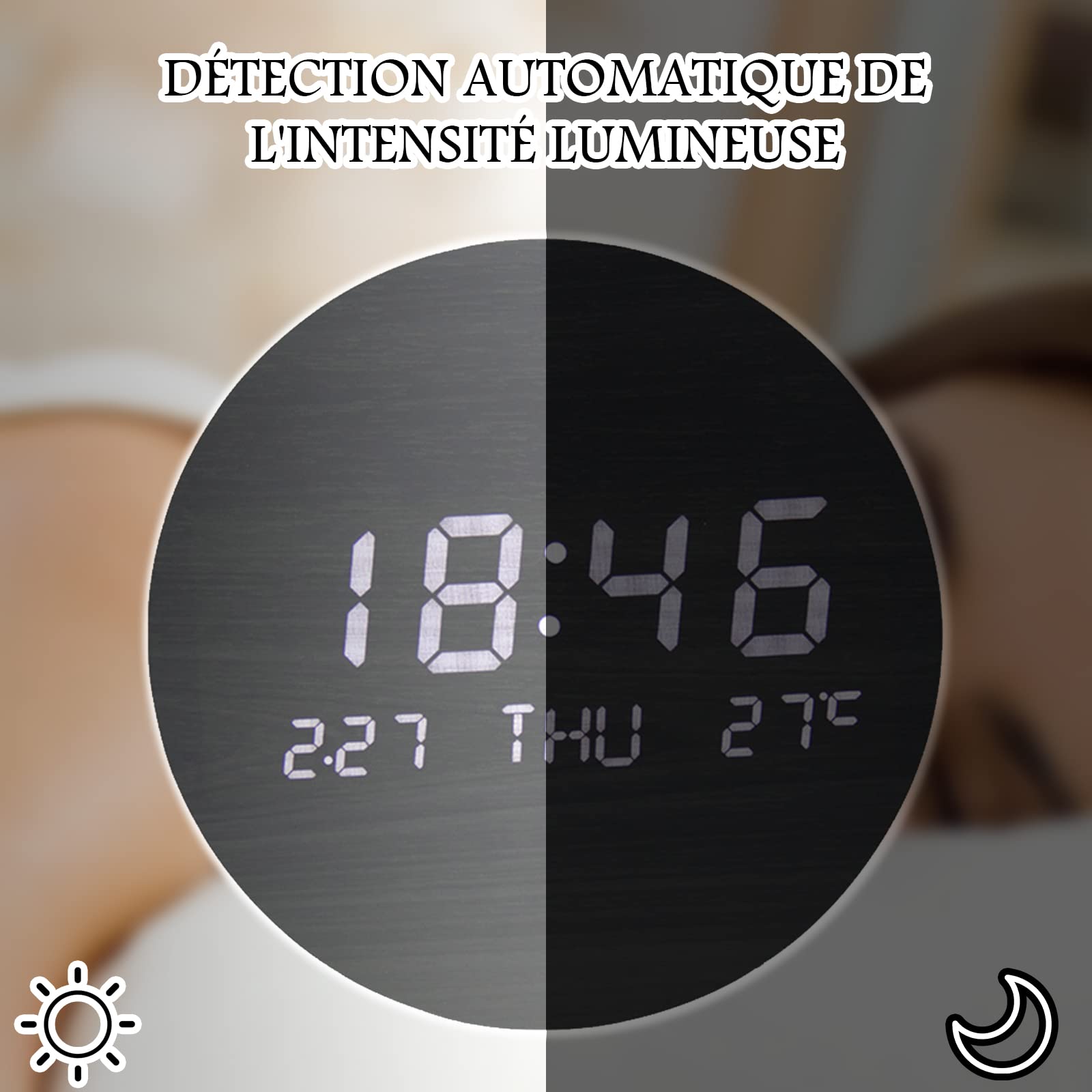 BIGFOX Horloge Murales NuméRique à LED avec Afficher la Date et la TempéRature,Horloge Silencieuse en Bois pour Chambre,Cuisine,Bureau