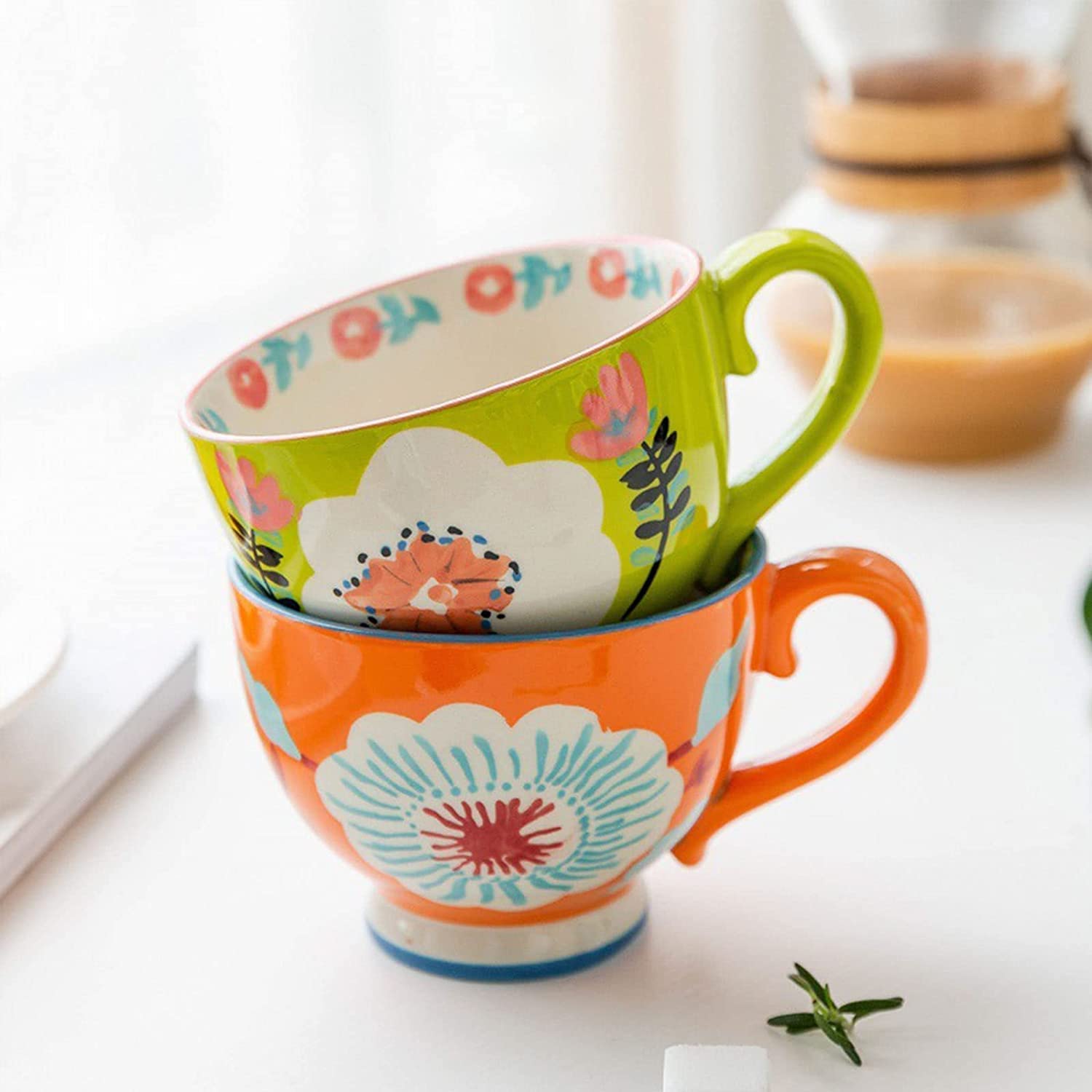 Tasses, cadeaux d'anniversaire, cadeaux de Noël, grande tasse à café en céramique for petit-déjeuner avec poignée, tasse en porcelaine à motif floral, café, lait, céréales, dessert, petit-déjeuner, cu