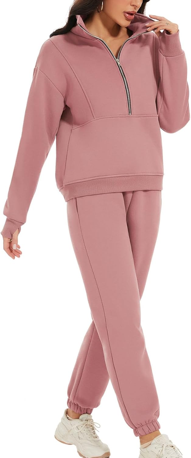 PEHMEA Women's Fall 2 Piece Sweatsuit Outfit Fleece Loose Long Sleeve Half Zip Pullover Comfy Lounge Sets for Women