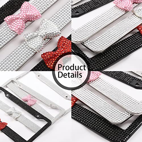 Auceli Bling License Plate Frame, 2 Pack Stainless Steel Crystal Bow Car Plate Covers, Us Vehicle License Bracket Holder With Rhinestone Mounting Bolts, Sparkly Car Accessories For Women (Black/Red) #TOP3