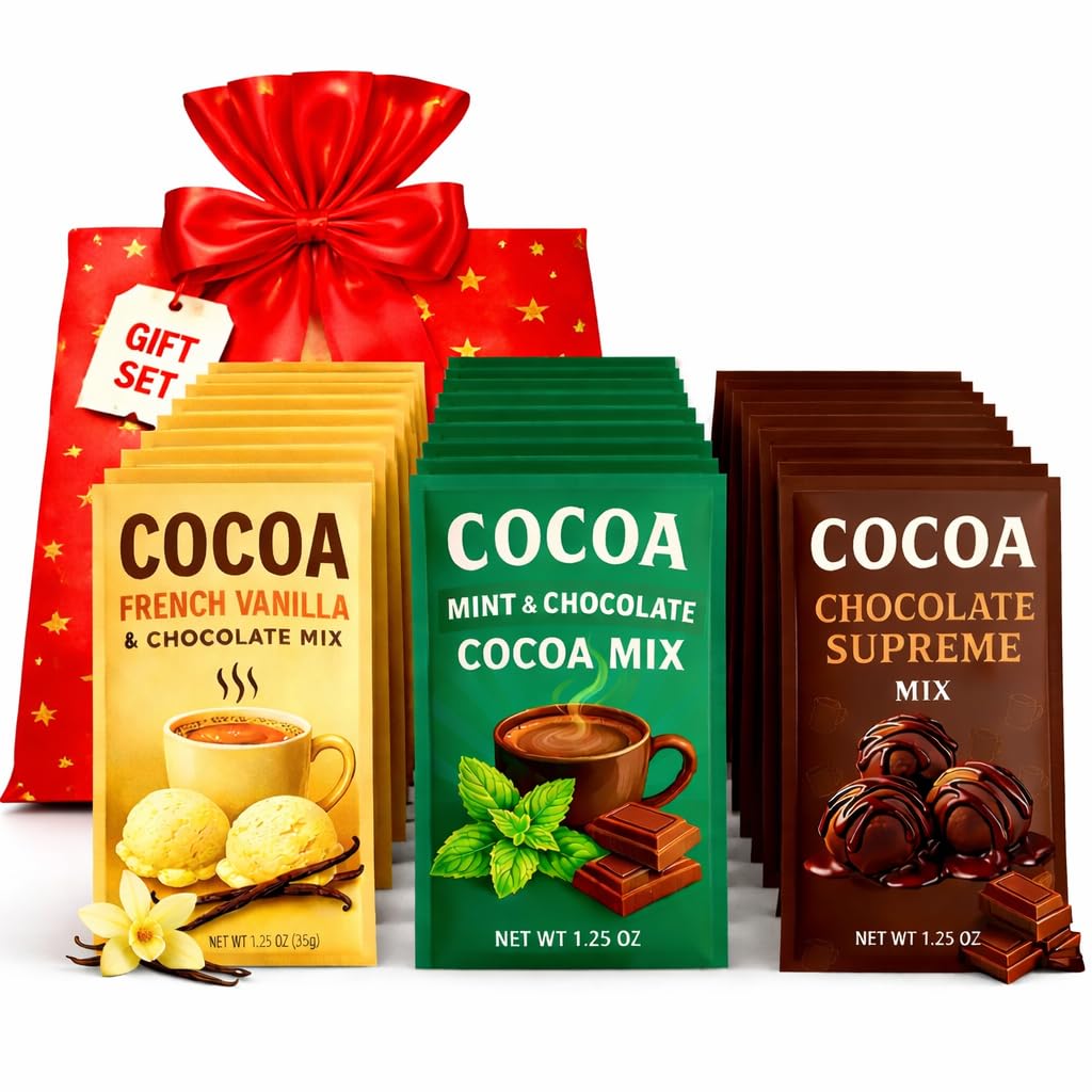 Hot Chocolate Cocoa Mix French Vanilla Mint Cocoa & Chocolate Supreme Flavors 3 Variety Gift Packets (30 Packs - 1.25oz Each) Instant Hot Cocoa Gifting Sharing