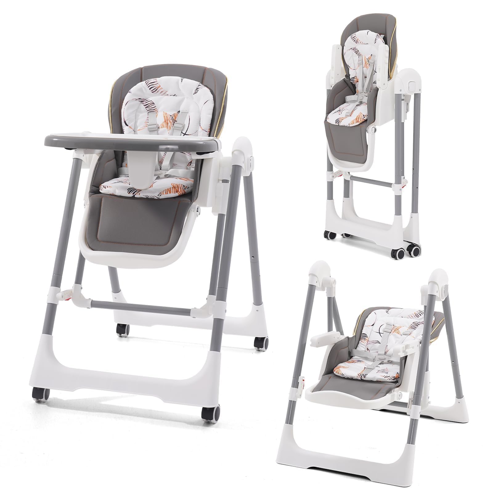 Trona Plegable para Bebé,Silla de Comer con Arnés y Ruedas con Bloqueo,Trona Regulable en Altura con Bandeja Extraíble para Bebés y niños Pequeños.