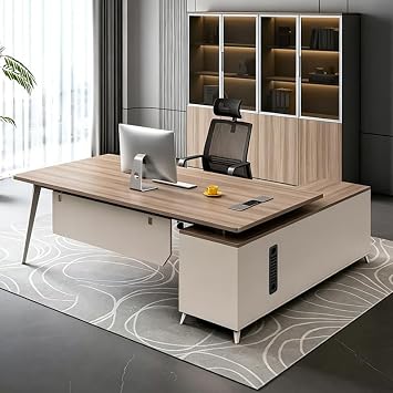 Modern L Shaped Executive Desk with Drawers, Large Heavy-Duty Computer Desk with Solid Wood Countertop and Privacy Panel for Business Home Offices.