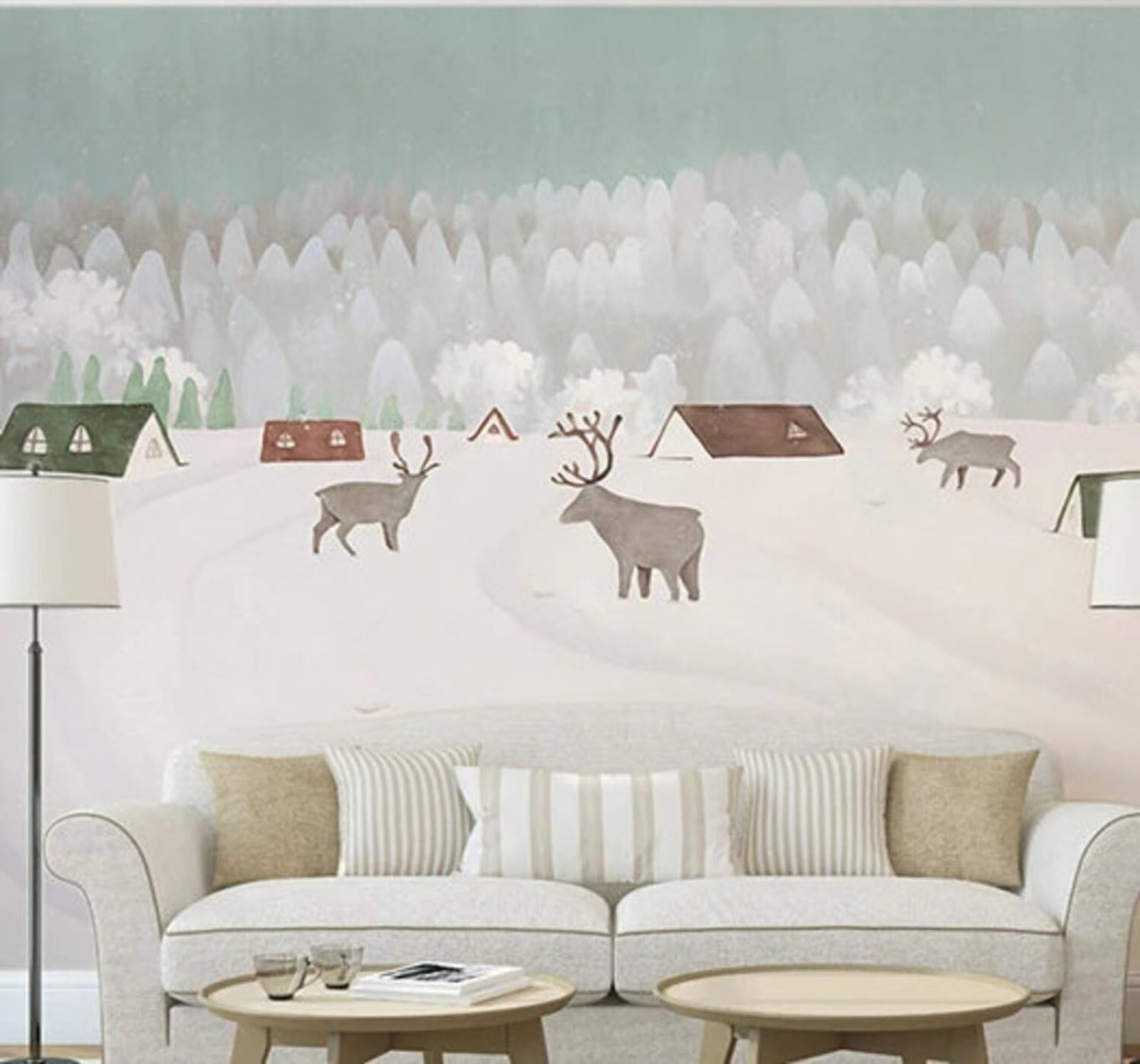 Xlming 350Cm×256Cm(B×H) Cartoon Sika Deer Forest Beautiful Snowy Scenery 3D Wallpaper Silky Texture Home Study Office Grey Dining Room Sofa Bedroom Living Room Tv Backdrop-350Cm×256Cm