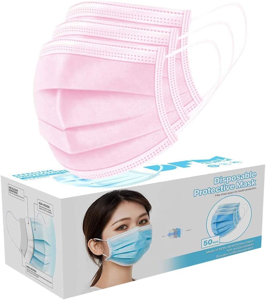 Air Purifying Face Mask Cover Anti Dust 3 Layer Mouth Filter Covers Disposable Face Non Woven, Non Latex Breathable Cover with Earloops Protective Cover 50 pcs (PINK)