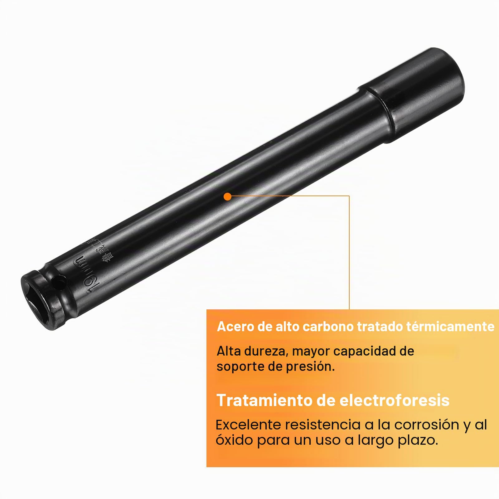 QUARKZMAN Llave de Impacto Profundo de 1/2" Cuadrada Por 19Mm Métrica 6 Puntos 200Mm (8") de Largo Extra de Acero Al Carbono para Automóviles, Reparación de Tuercas Y Pernos, Color Negro