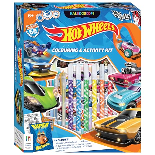 Super Kaleidoscope Kit Hot Wheels – Include libro da colorare 64 pagine, pennarelli, pennarelli, adesivi, tatuaggi e poster, per bambini dai 6 agli 8 anni