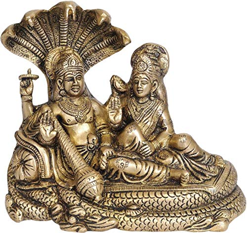The Himalayan Collections HC - Astadhatu (8 Metals) Made Shri Lakshmi Narayan Idol on Anant Nag Gillette Finish Antique Brass Idol - 10 - Standard, Golden