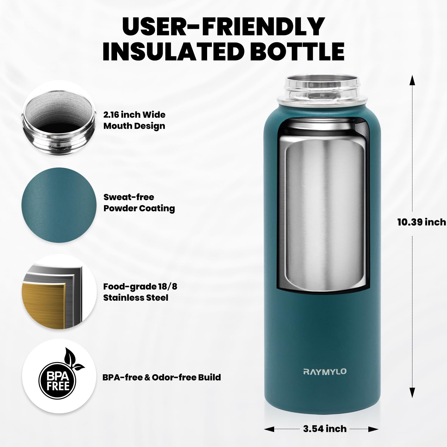 RAYMYLO Insulated Stainless Steel Water Bottle with Straw & Spout Lids - Image 5