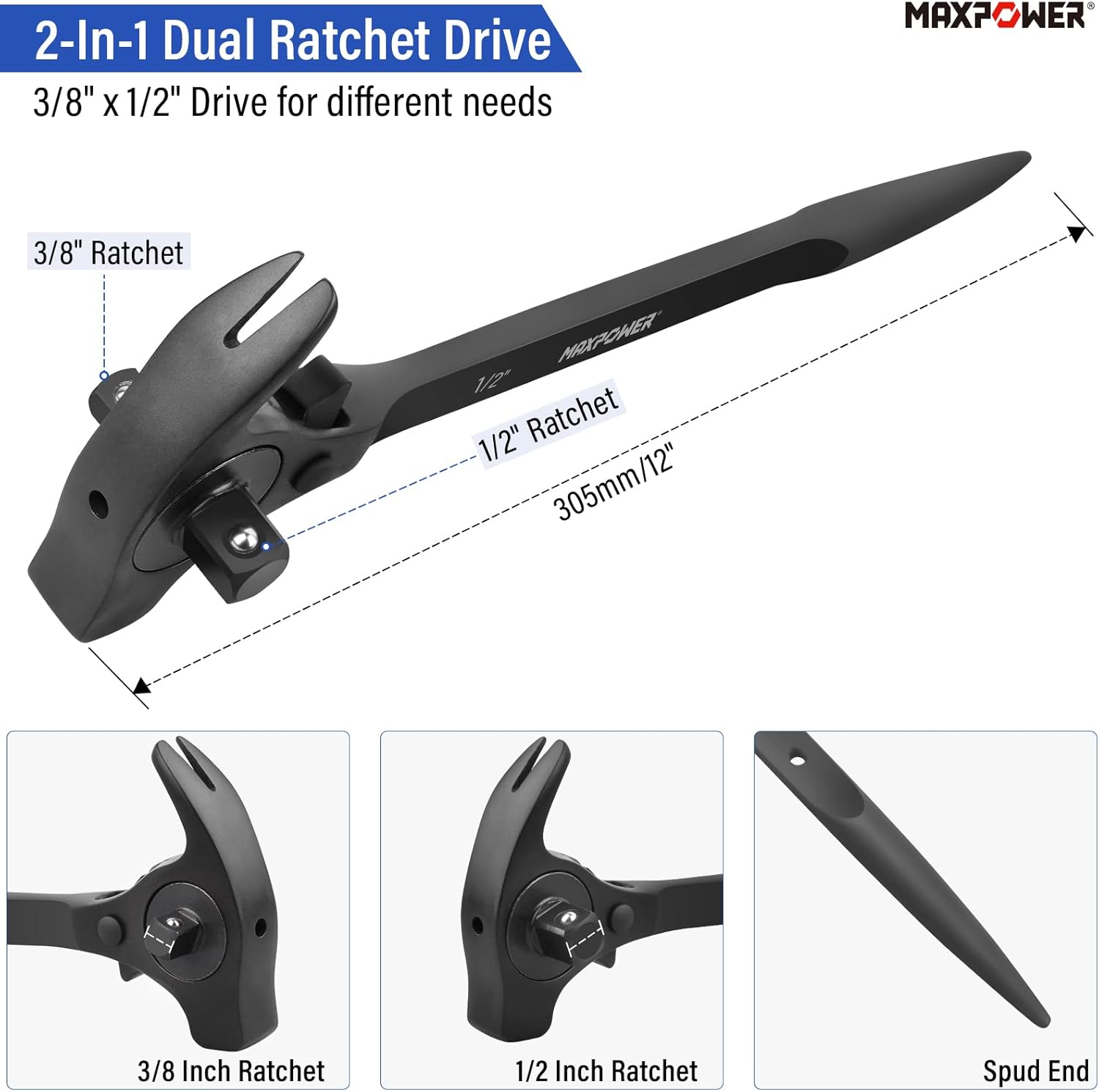MAXPOWER 1/2" and 3/8" Drive Scaffold Ratchet Wrench, Podger Spanner with Claw Hammer, Crowbar, Pry Bar and Nail Puller Functions
