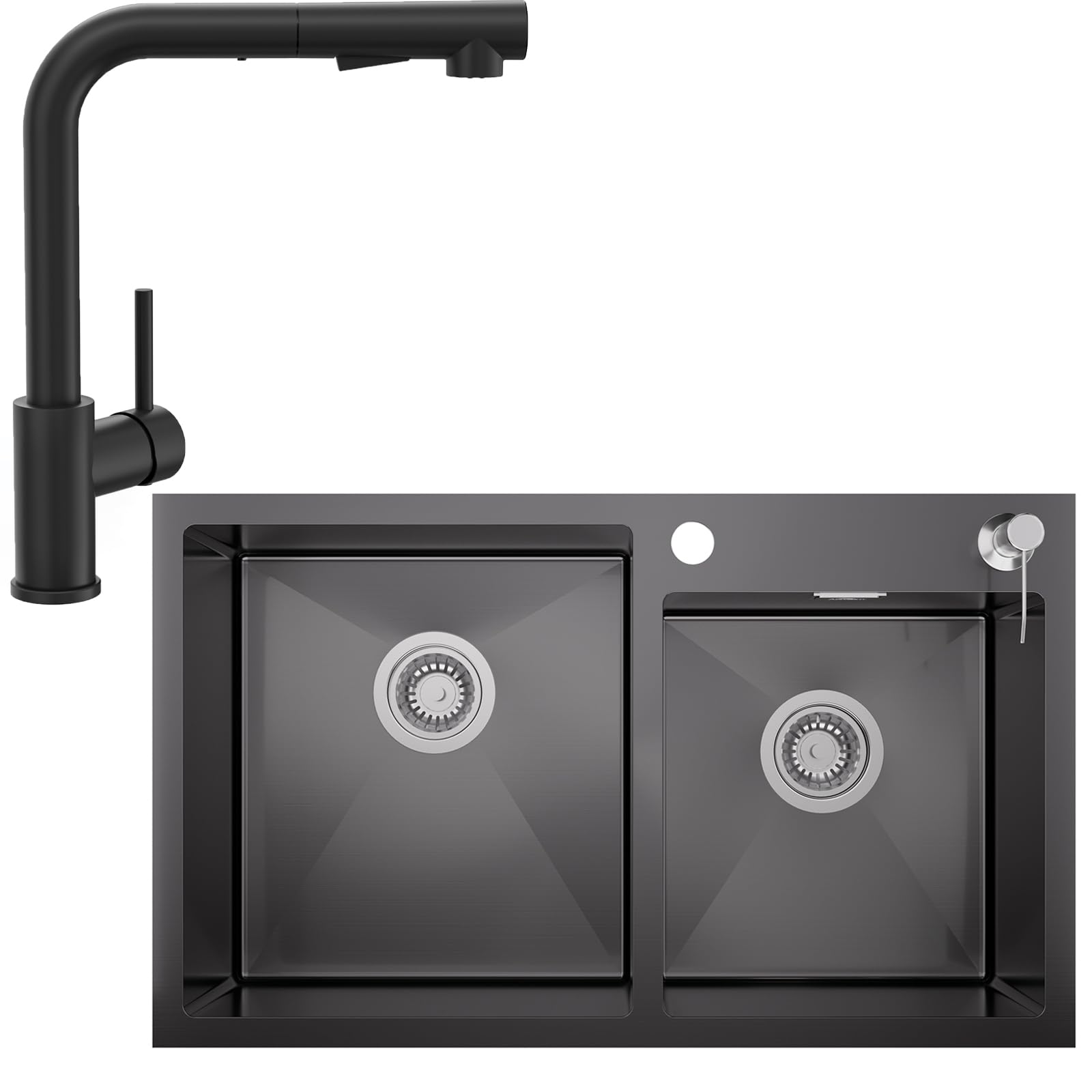 CECIPA Spülbecken Schwarz 75 * 45CM, Küchenspüle Edelstahl Für 80cm Breite Unterschränke, Spüle Mit Seifenspender Ablauf Und Überlaufgarnitur, 2 Becken Einbauspüle mit Wasserhahn Küche Ausziehbar | Spüle Mit Seifenspender Ablauf Und Überlaufgarnitur, 2 Be