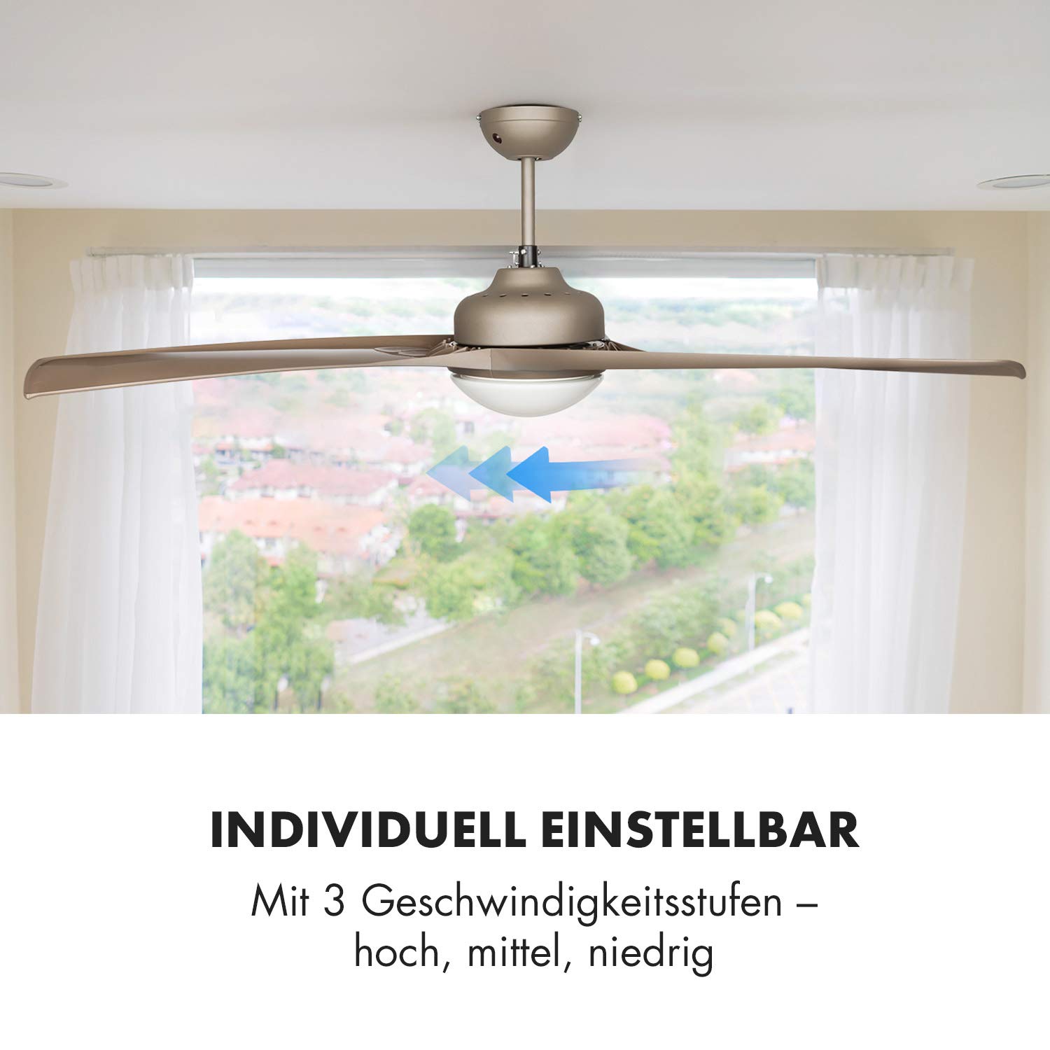 Klarstein Figo Deckenventilator - 2-in-1: Ventilator & Deckenlampe (2 x 42 W), Durchmesser: 52" (132 cm), 3 Flügel, Luftdurchsatz: 10.039 m³/h, 2 Laufrichtungen, 3 Geschwindigkeitsstufen, Titan-Optik