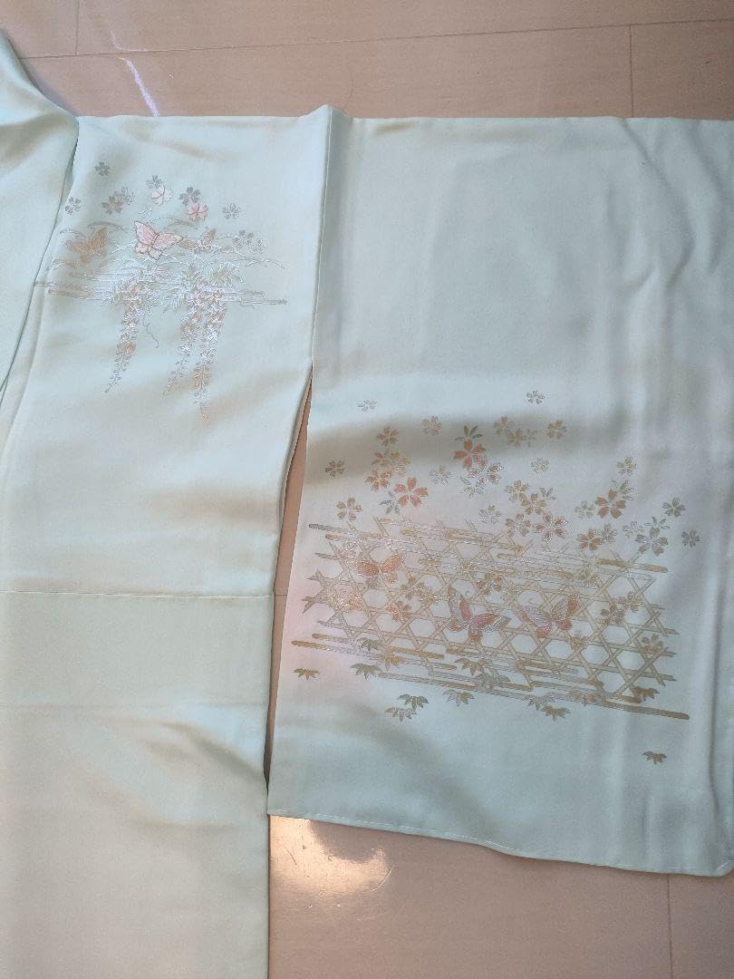 Amazon.co.jp: 訪問着 セット 正絹 薄黄緑 金銀刺繍 帯 プラチナ  
