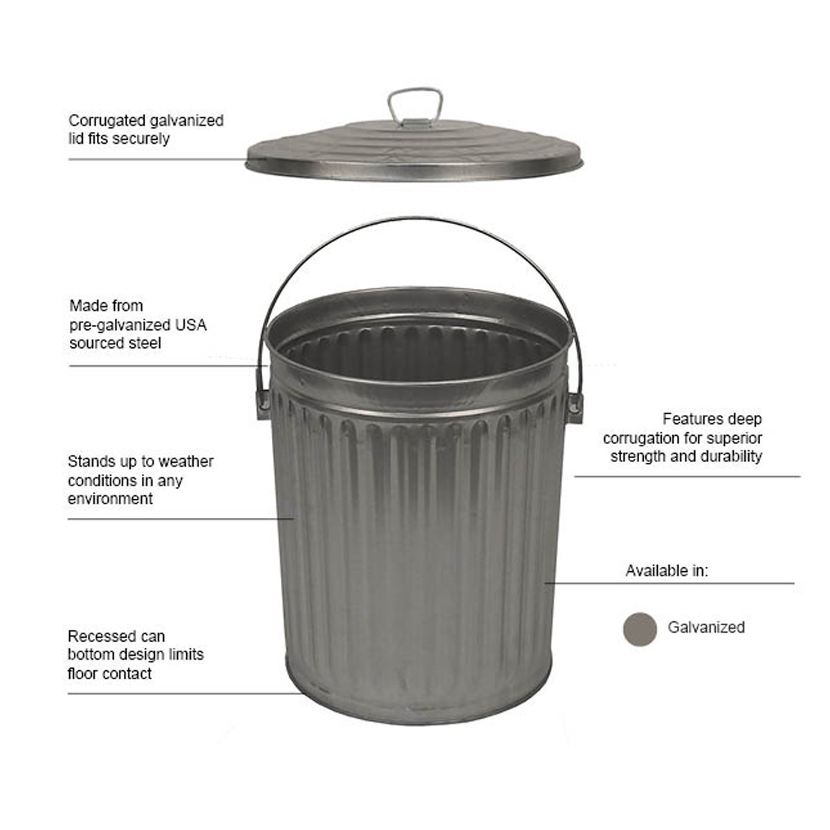 Witt Industries 10GPCL Galvanized Steel 10-Gallon Light Duty Waste Pail and Lid, Round, 16