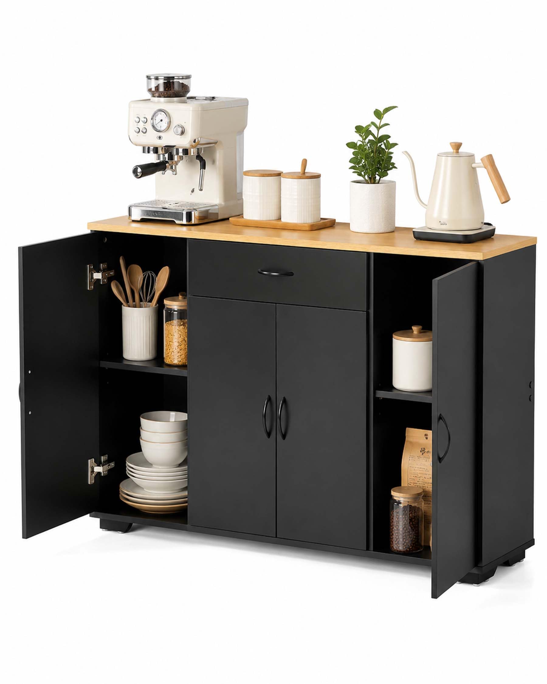 hitsuki Armoire de cuisine avec plan de travail, commode de cuisine, noire, 110 x 30 x 70 cm, avec tiroir et 4 portes, armoire de cuisine, buffet étroit avec espace de rangement, pour cuisine, salle à