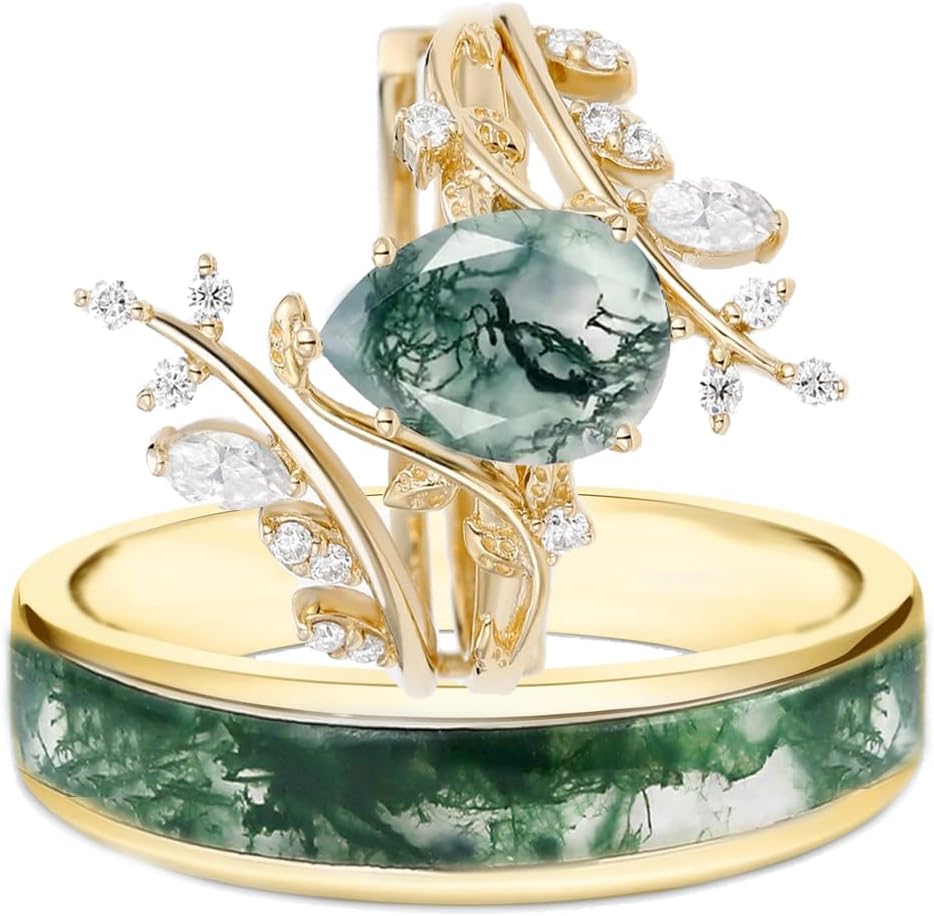 Natural Moss Agate Couple Wedding Ring Set for Her and Him S925 10K 14K 18K Gold Leaf Green Moss Agate Couple Matching Engagement Ring Set for Man and Women 3pcs Anniversary Bridal Rings Sets