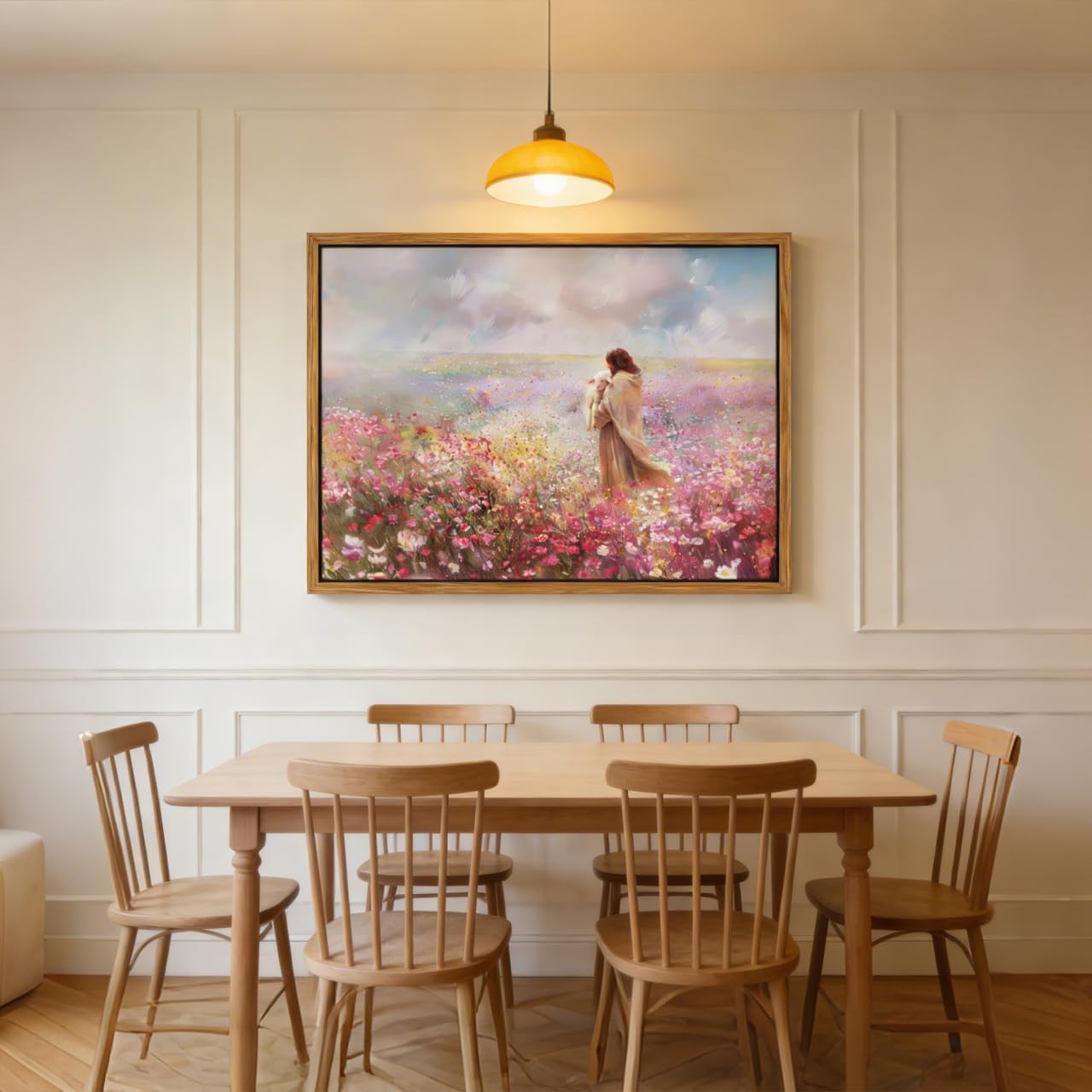 Framed Jesus Embraces the Lost Lamb Canvas Wall Art Christian Wall Decor Jesus and Lamb Painting Bible Story God Leaving the 99 Sheep Picture for Bedroom Prayer Room Church Home（12x16in）