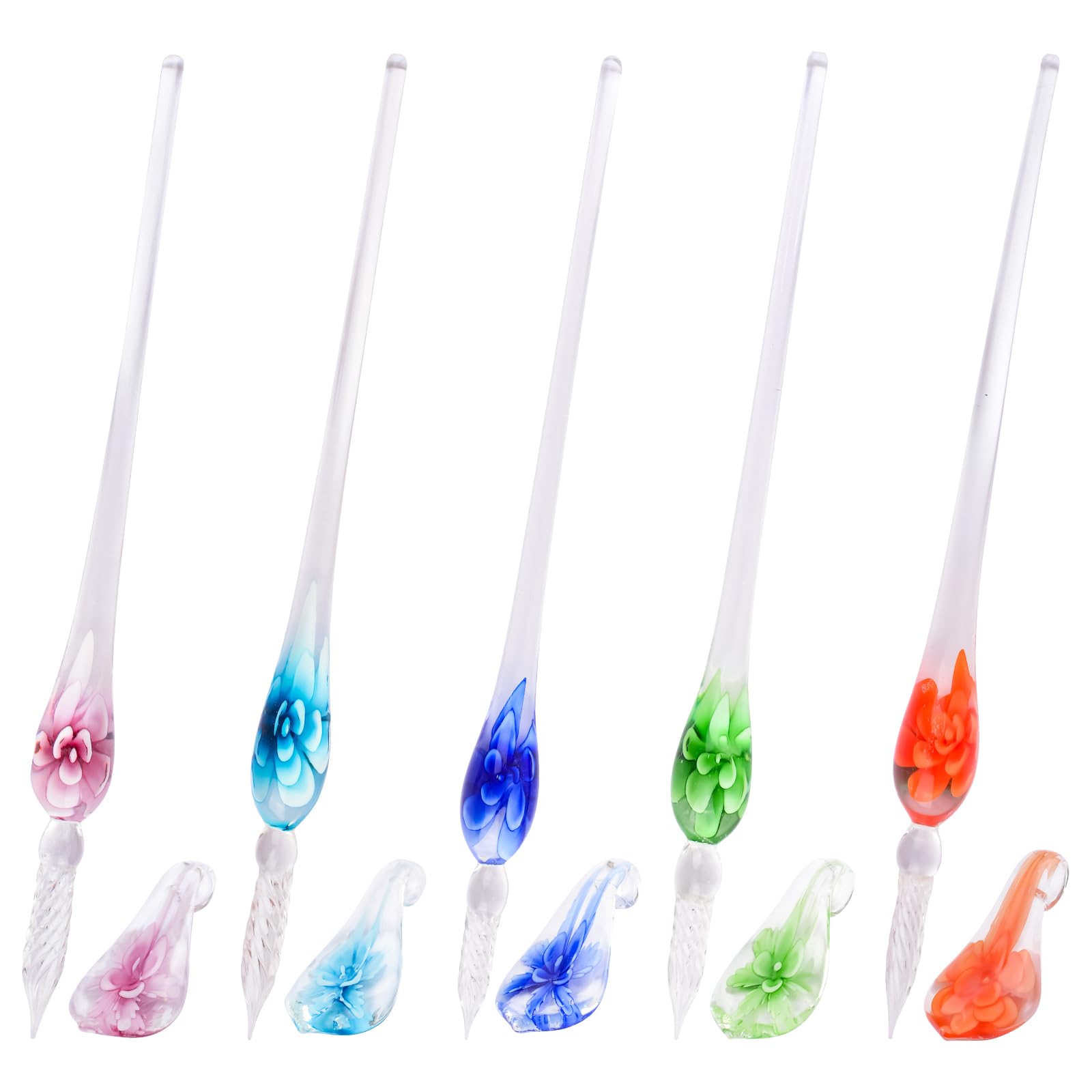 WANDIC Handmade Stained Glass Dip Pen, 5Pcs Colorful Crystal Flower Pen Kit with Holders Rainbow Crystal Pen for Art, Signature, Writing, Drawing, Lettering