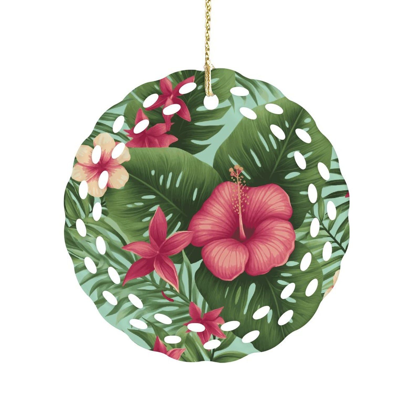 Btcowzrv Style Hawaiian Tropical Leaves Flowers Ceramic Ornament,Round Ornaments With Hole Easy To Hang,Hanging Ornament For Wedding Party Home Window Garden Christmas Day Decor