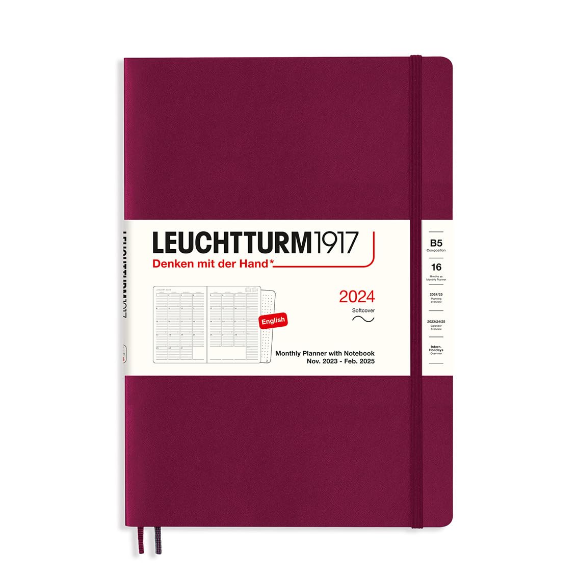 LEUCHTTURM1917 367567 Monthly Planner with Notebook Soft Cover Composition (B5) 2024, 16 Months, Port Red, English