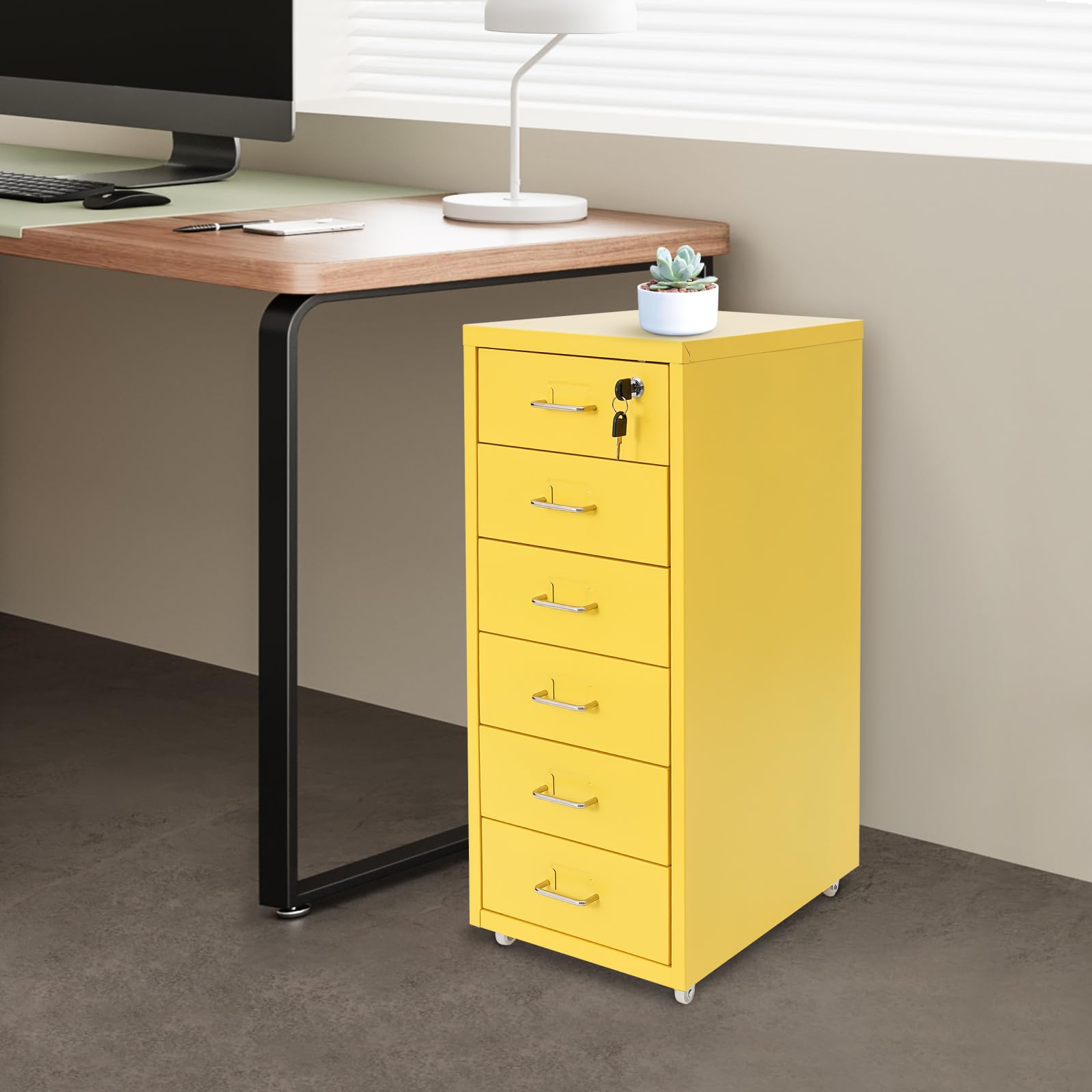 Armadietto con chiusura a chiave, con 6 cassetti, in metallo, per ufficio, cassetti, con scomparto per carte di credito, per casa, ufficio, colore giallo