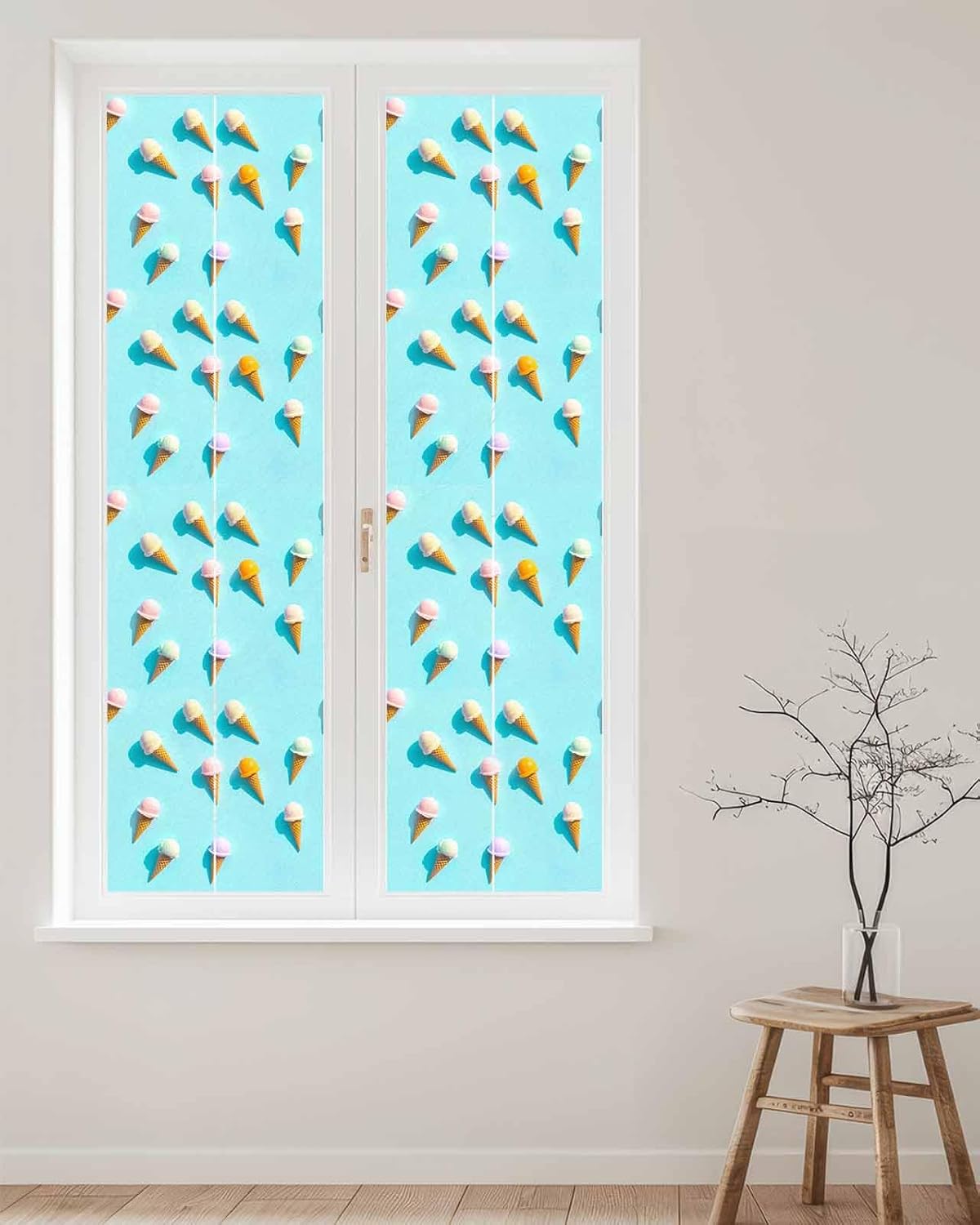 Window Privacy Film, Blue Ice Cream Window Clings Non-Adhesive Door Cover, Summer Colorful Ice Cream Window Film Decorative, Removable Window Tint for Bathroom/Classroom 29.5"x118"