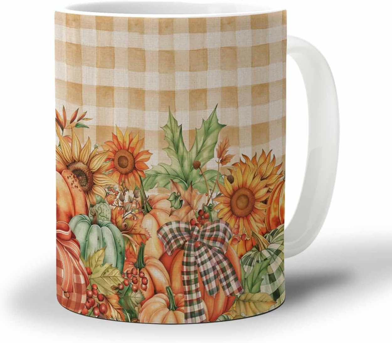 BEMIGO Ceramic Coffee Mug Farmhouse Pumpkin Fall Ceramic Mug White Cup, Floral Plaid Thanksgiving Insulated Coffee Cup with Handle with Pattern Perfect for Tea and Hot Beverages, 12oz