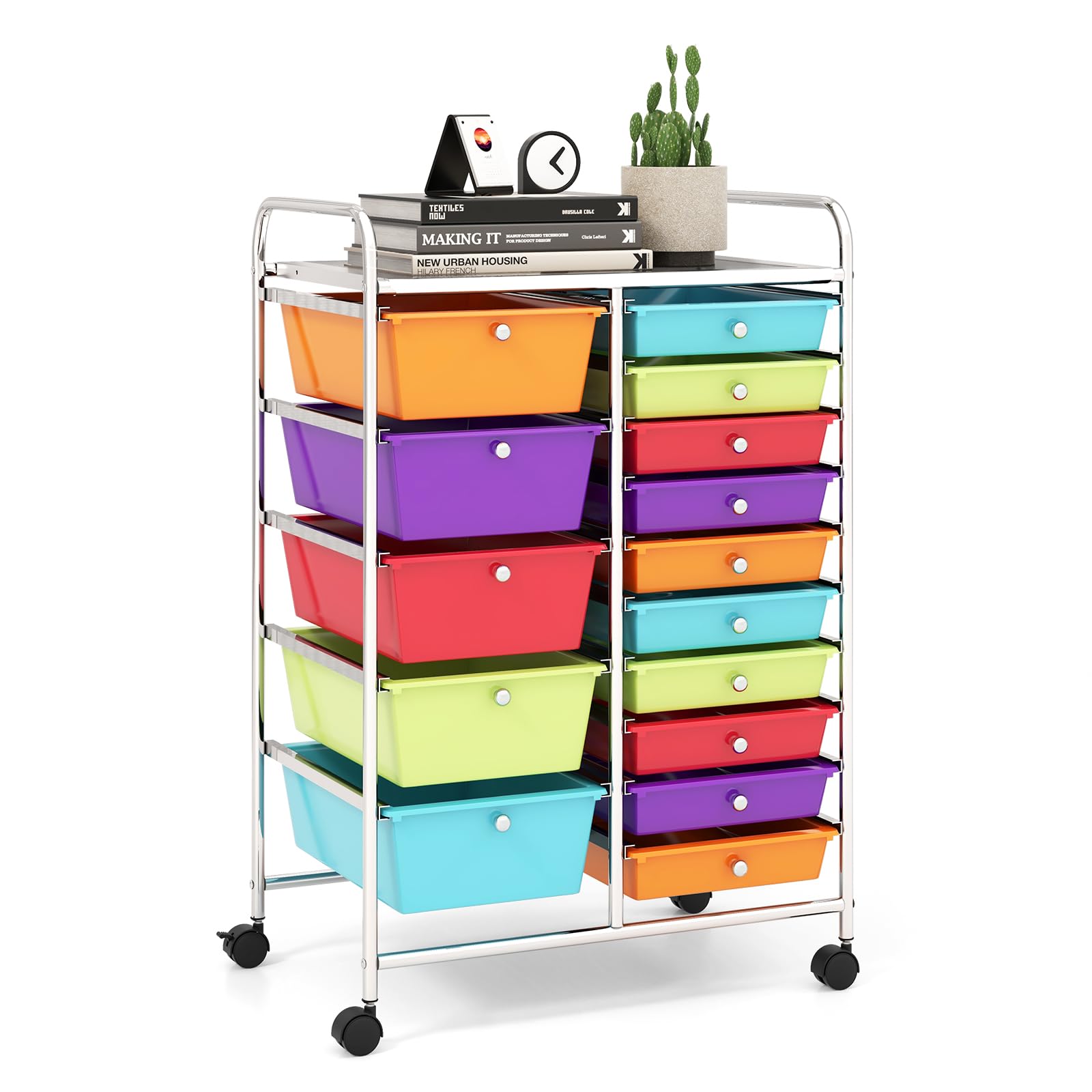 LDAILY 15 Drawer Rolling Storage Cart, Rolling Cart with Drawers for Classroom, Art Supply Craft Organizer on Wheel with Metal Frame & Handles for