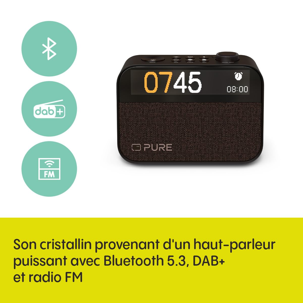 Pure Moment Réveil de Chevet et de Bureau (Radio Numérique Dab+/FM, Bluetooth, Machine à Bruit Blanc, Aide au Sommeil, Lumière Réveil, Veilleuse, Affichage Réglable) Noir