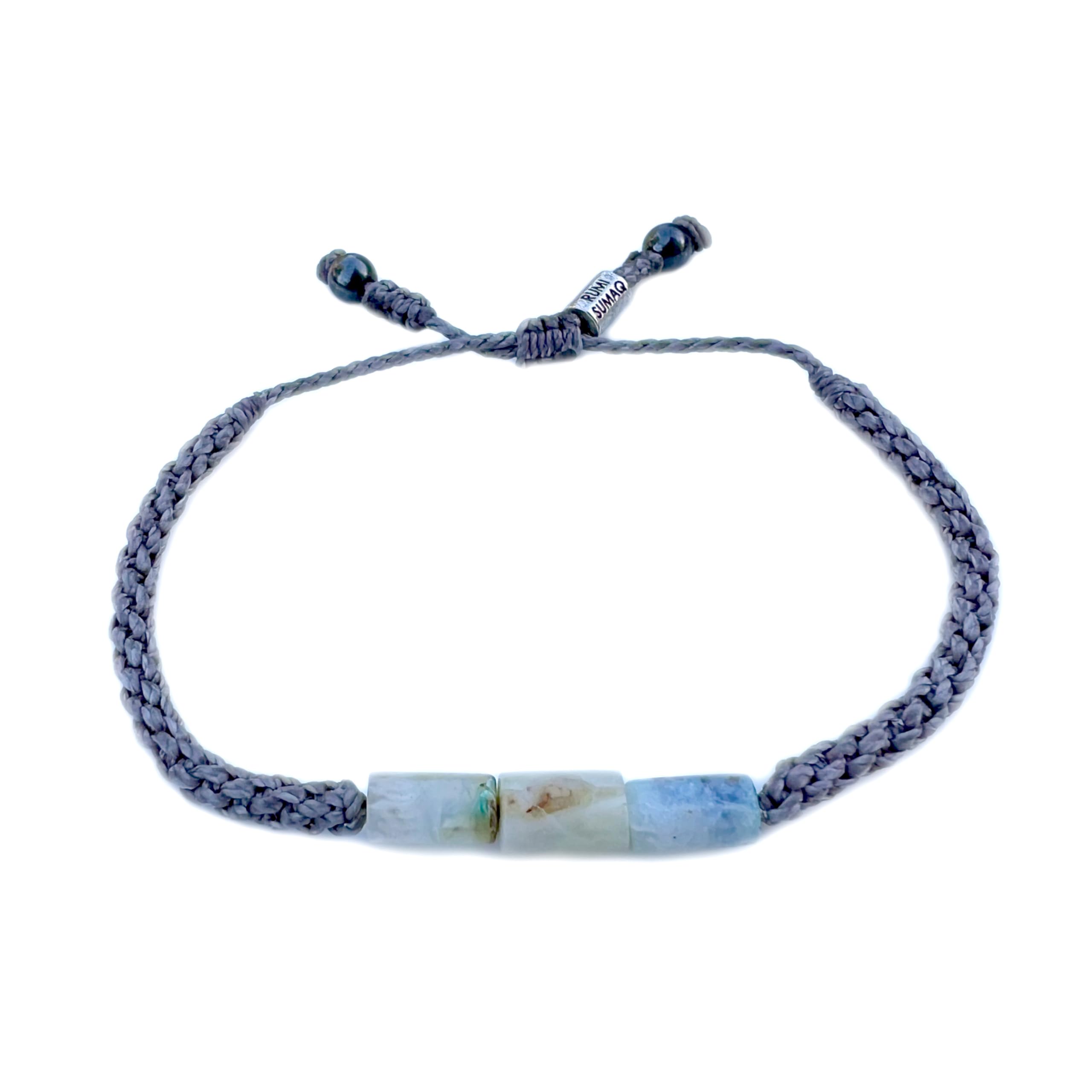 Rumi SumaqPeruvian Opal Bracelet - Gray Beaded Gemstone Woven Cord Unisex Gift Bangle Stretch Drawstring Size Adjustable for Men and Women by RUMI SUMAQ Handmade Jewelry